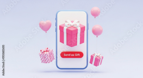 Mobile phone displaying gift box with send as gift button and balloons symbolizing online gifting and sending presents via smartphone application