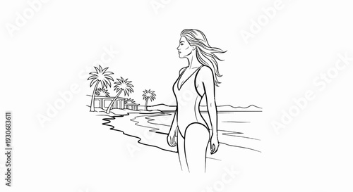 Woman in swimsuit on beach with palm trees and buildings in background