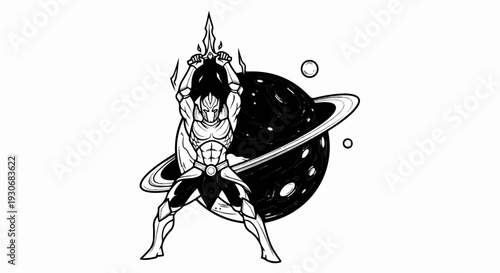 Warrior holding sword triumphantly with planet and moons in background