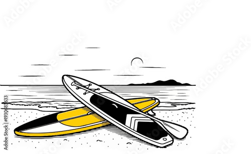 Two stand-up paddleboards resting on a sandy beach with calm ocean and distant mountains