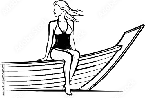 Woman in swimsuit sits on side of a boat, hair blowing