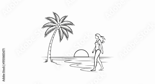 Woman in swimsuit walking on a beach at sunset with palm tree