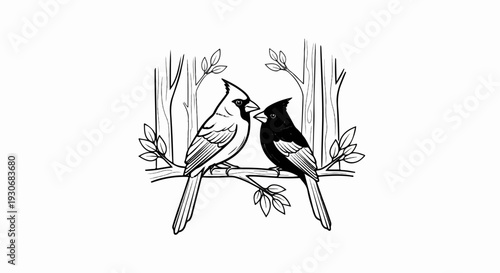 Two stylized birds, one light and one dark, perch on a branch