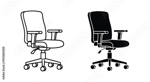 Two office chairs one outlined and one dark a contrasting silhouette