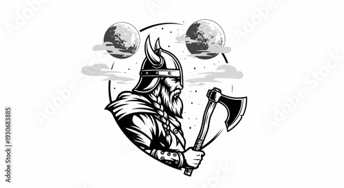 Warrior with axe and twin moons, a powerful depiction of ancient might