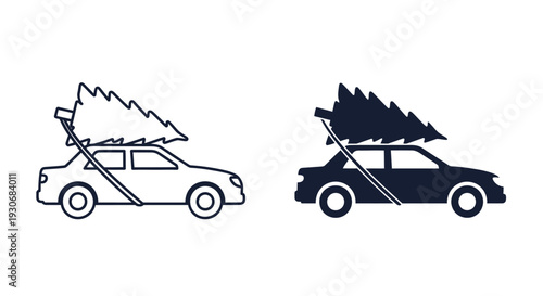 Car transporting a christmas tree on its roof black silhouette