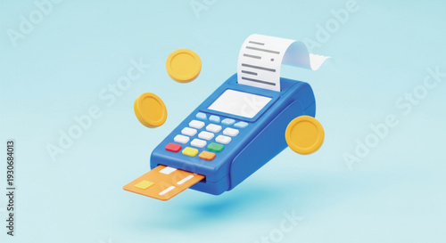 Payment terminal concept with 3d rendering, credit card, flying coins, and receipt on a blue background, floating composition