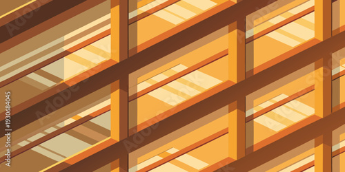 Modern office building with glass windows and wooden design details against the city sky at sunset, best for backdrop needs