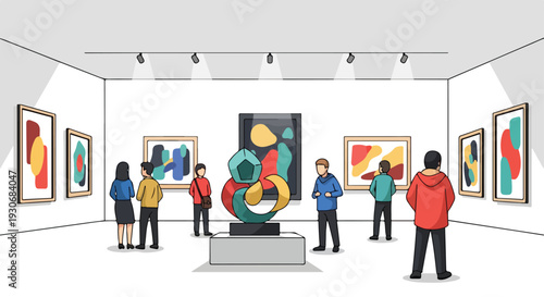 People admire modern art pieces on display in a gallery on a day filled with culture and world art.