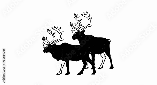 Two black silhouettes of reindeer with large antlers on a white background