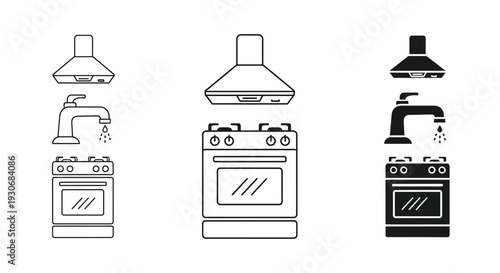 Simple kitchen appliance icons including stove sink and hood silhouette