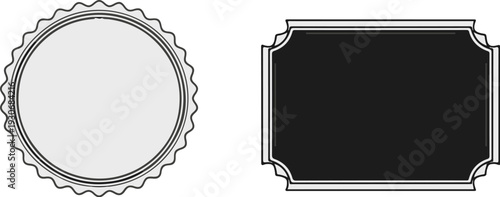 Two blank graphic frames a round, scalloped border and a rectangle with ornamental corners