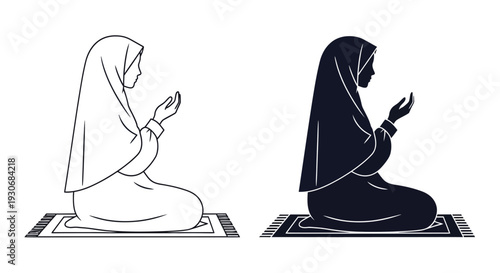 Praying woman in hijab depicted in contrasting styles a striking silhouette