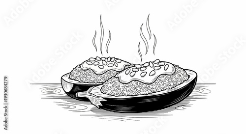 Two stuffed eggplant halves, steaming hot, sit on a wooden surface