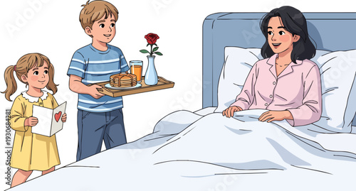 Children bringing breakfast and card to mother in bed for Mother's Day or birthday celebration.