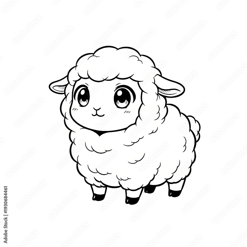 Obraz premium Hand drawn ink sketch of Kawaii Anime Sheep isolated on white. Chibi farm stamp.