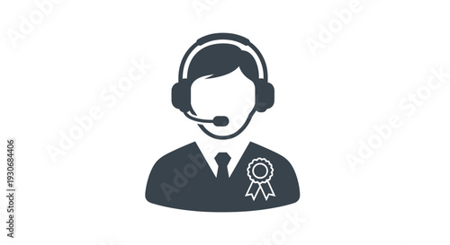 Silhouette icon of a customer support agent wearing a headset with a ribbon badge, symbolizing certified customer service and award-winning professional assistance, on an isolated white background.