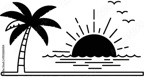 Tropical palm tree and sun rising over ocean waves with birds flying