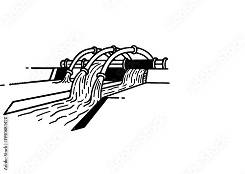 Water flows from pipes into a channel, creating ripples and spray
