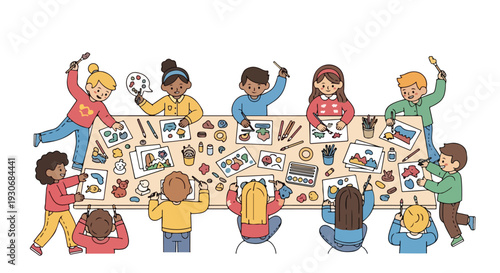 A diverse group of people sitting and standing around a long table filled with various art supplies on a busy day in the world.