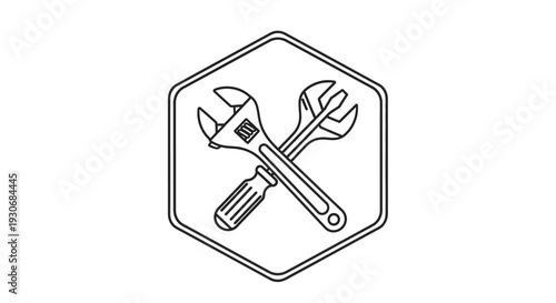 Outline icon of a crossed wrench and adjustable wrench within a hexagonal frame, symbolizing versatile technical service and comprehensive repair, on an isolated white background.