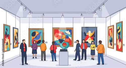 People view vibrant abstract art pieces on display in a modern art gallery on a day filled with culture and world art.