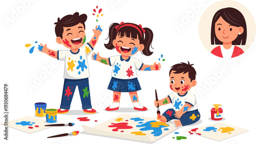 Happy kids having fun painting with colorful paints