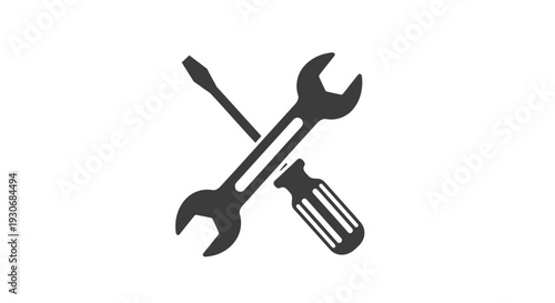 Black and white icon of a crossed wrench and screwdriver, symbolizing general repair, maintenance, and technical service, on an isolated white background.
