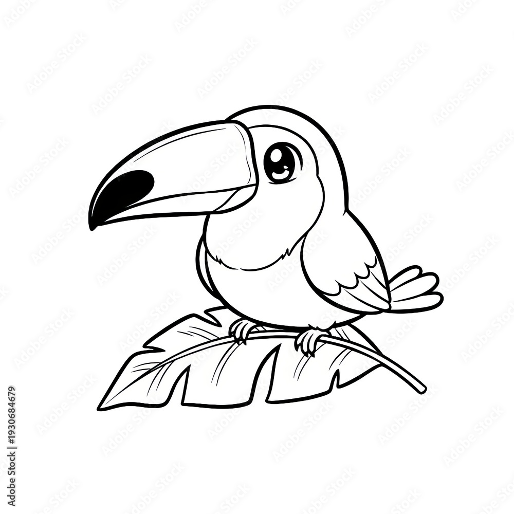 Fototapeta premium Hand drawn ink sketch of Kawaii Anime Toucan bird isolated on white. Chibi jungle stamp.