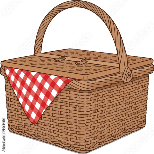 A beautifully illustrated classic wicker picnic basket with a checkered red and white cloth peeking out, perfect for outdoor meals.