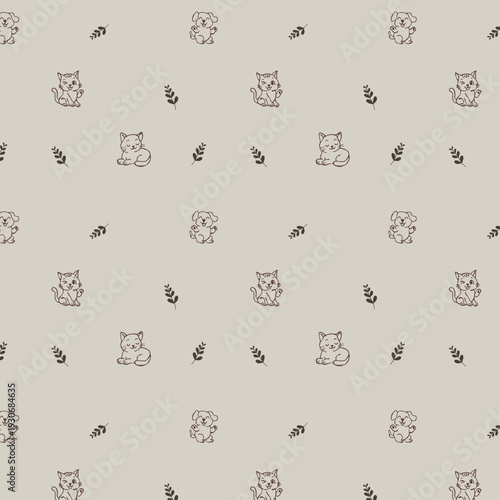 Pattern con graziosi cani e gatti e foglioline su sfondo beige chiaro