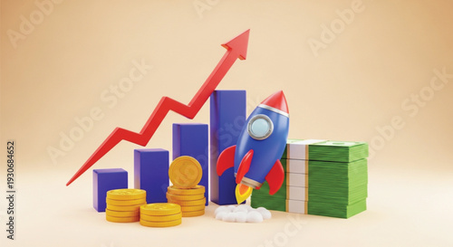 Financial growth concept with 3d rendering, ascending chart, rising rocket, stacks of money and coins on a warm background