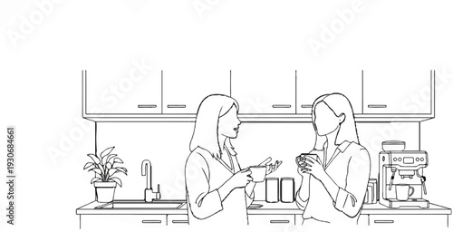 Two women share coffee and conversation in a modern kitchen setting