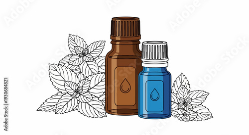 Two bottles of essential oil with mint leaves