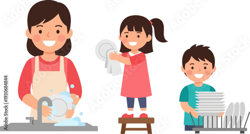 Family Washing Dishes Together Mother and Children Helping with Chores