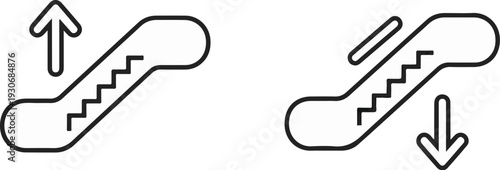 Two line art icons of escalators, one ascending and one descending