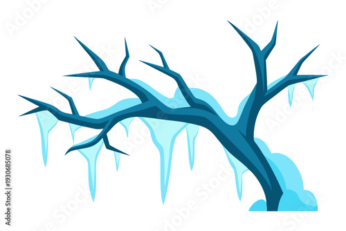 A vector graphic illustration of a bare tree branch with icicles and snow on a white background