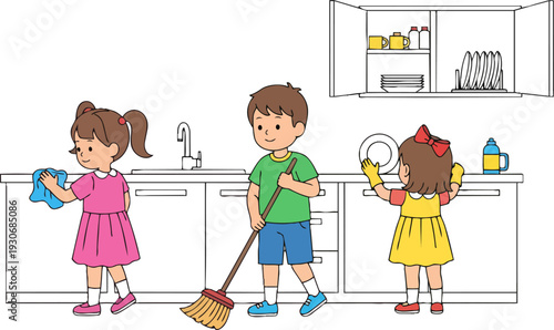 Kids cleaning kitchen washing sweeping and putting away dishes
