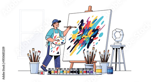 An artist in a blue cap and apron painting on a colorful canvas surrounded by brushes and paints on a palette in a studio on a world art day.