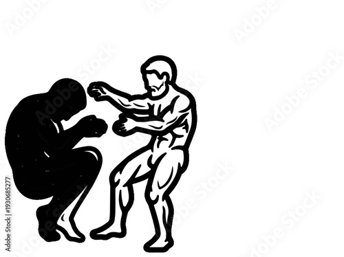 Two stylized figures engaged in a boxing match