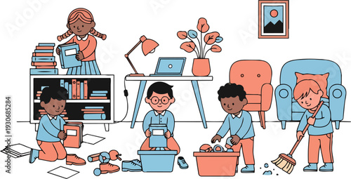 Children doing chores and studying learning responsibility at home
