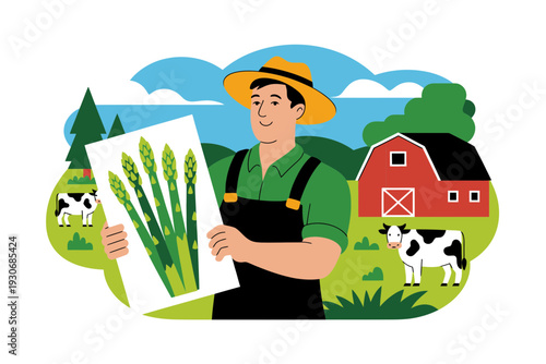 A farmer in a green shirt and black overalls holds a picture of corn in a farm setting with a red barn and cows.