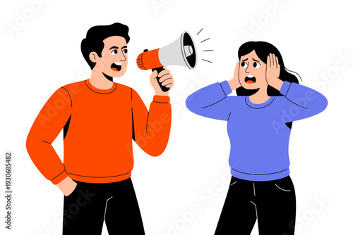 A cartoon man shouting through a megaphone at a woman covering her ears in a comedic illustration of loud noise.