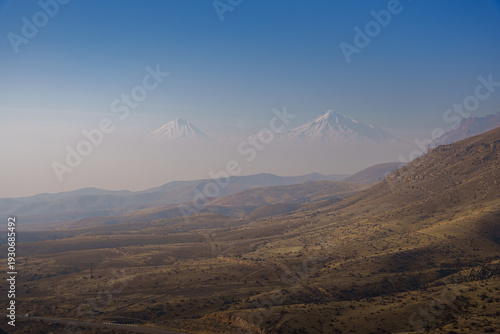 Panoramic View of Mount Ararat and Arid Highland Hills