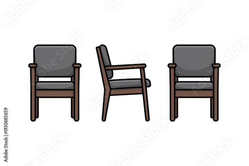 A minimalist vector illustration of three wooden chairs with gray cushions in different views