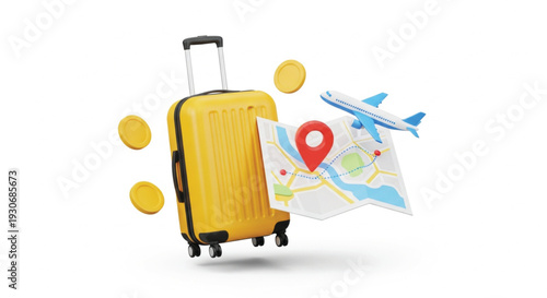 Yellow suitcase with coins on white background near unfolded map and airplane, representing travel and vacation planning with financial considerations and journey logistics