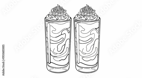 Two tall glasses filled with swirled liquid and topped with whipped cream