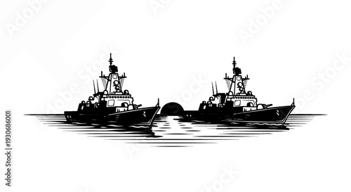 Two warships on the sea with a setting sun behind them