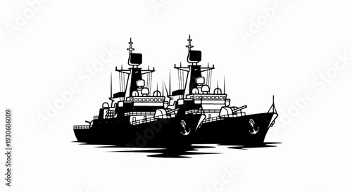 Two warships rendered in black silhouette, anchored at sea