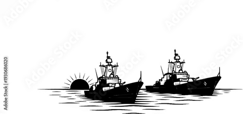 Two warships sail on the sea near a rising sun in a stark, graphic illustration